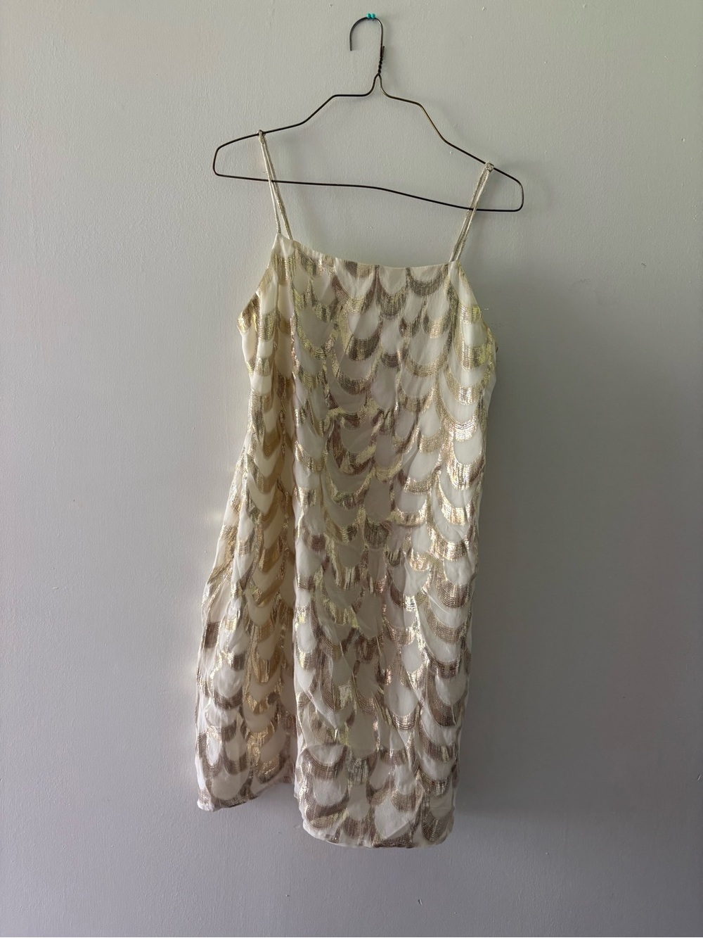100% silk Ivory Slip Mini Dress with Gold Sequin Scallop Detail - Women